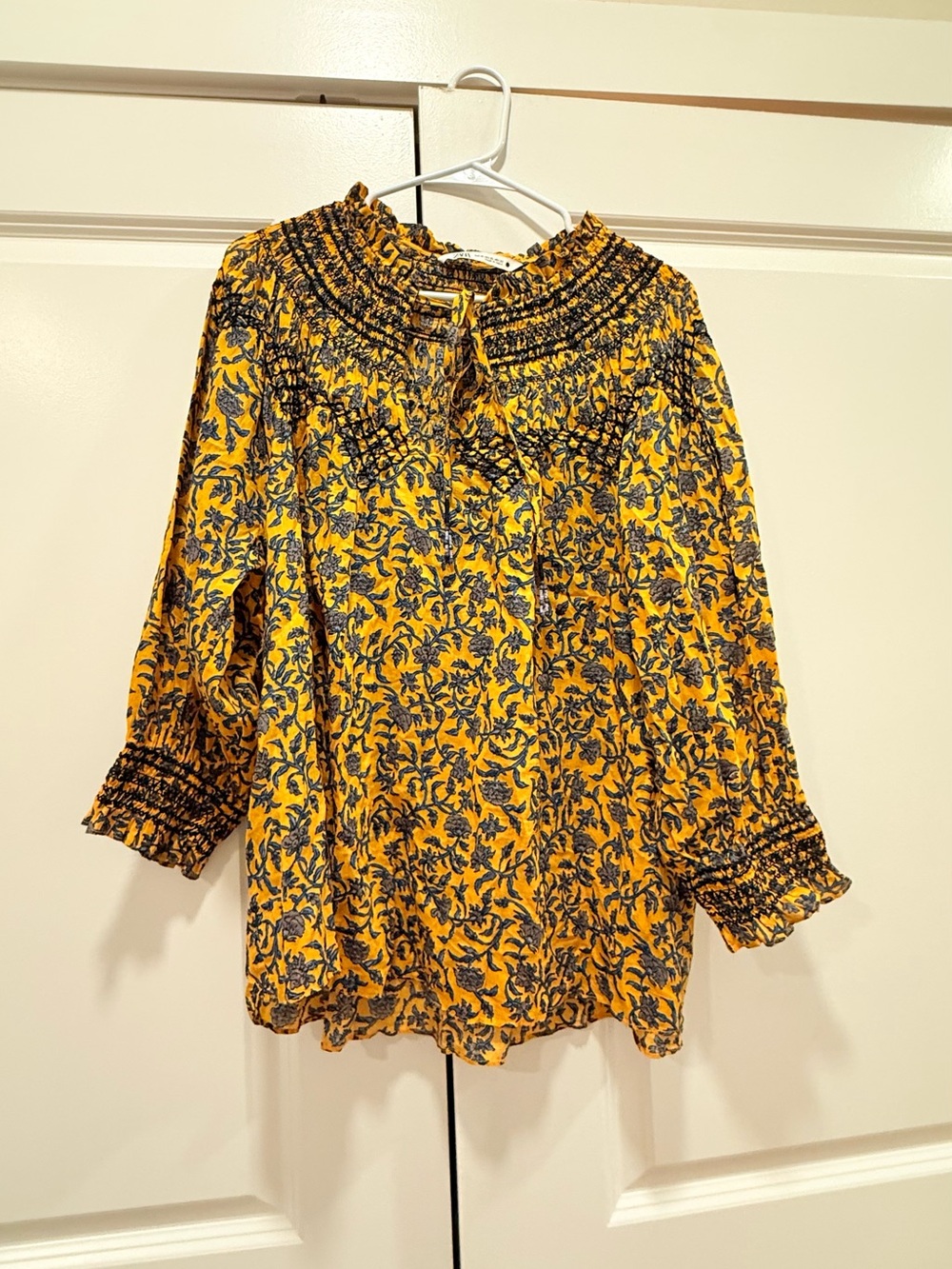 ZARA Mustard Yellow Floral Smocked Embroidered Peasant Blouse Top🤩 - Picture 5 of 9